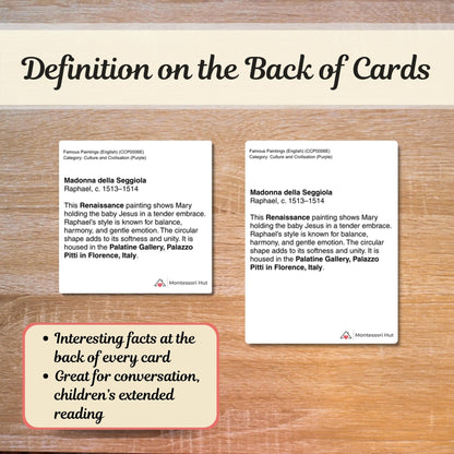 Famous Paintings - From Renaissance to Cubism - Handmade Premium Montessori 3 Part Cards - 12 Sets