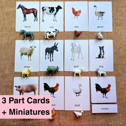 11 Farm Animals Montessori 3 Part Cards with Matching Miniature Figures- Montessori Education Activity for Home, Classrooms and Homeschools