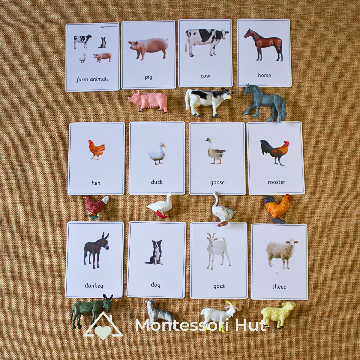 Farm animal photo cards in a grid with miniature figures and name labels