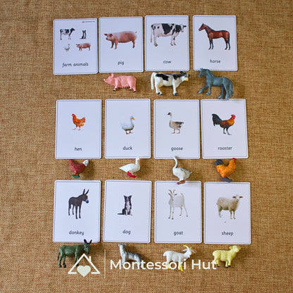 Farm animal photo cards in a grid with miniature figures and name labels