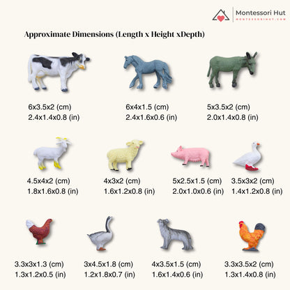 Approximate sizes of each farm animal figure, from cow and horse to duck and rooster