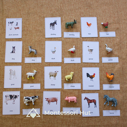 11 Farm Animals Montessori Matching Nomenclature Cards with Miniature Figures