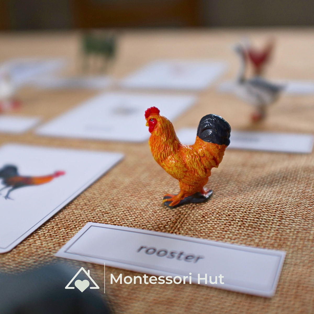 Rooster figure in front of its photo card and the label "rooster"