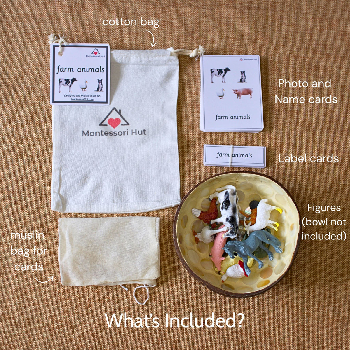 What's included: photo and name cards, label cards, cotton bag and farm animal figures