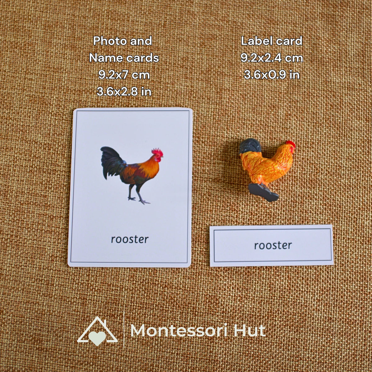 Rooster photo card, name label and matching figure with card sizes shown