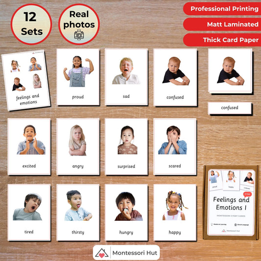 Feels and Emotions (Younger Children) Handmade Premium Montessori 3 Part Cards - Building Emotional Intelligence and Vocabulary - 12 Sets