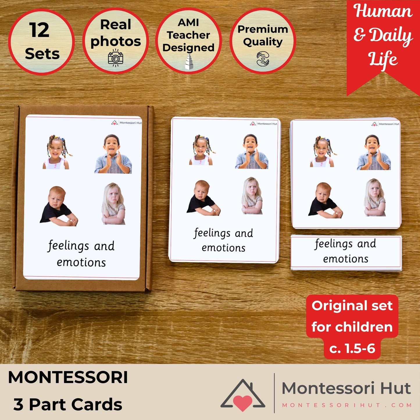 Feels and Emotions (Original Set) Handmade Premium Montessori 3 Part Cards - Building Emotional Intelligence and Vocabulary - 12 Sets