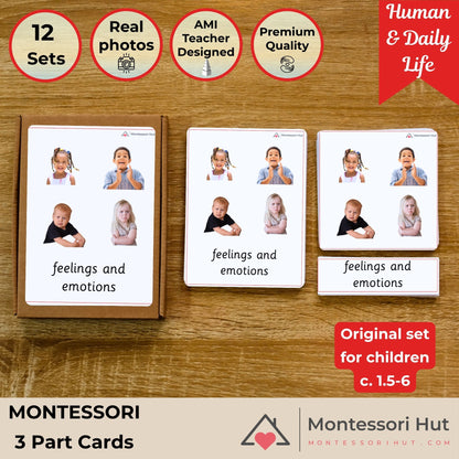 Feels and Emotions Handmade Premium Montessori 3 Part Cards - Building Emotional Intelligence and Vocabulary - 12 Sets