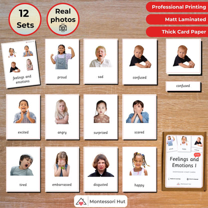 Feels and Emotions Handmade Premium Montessori 3 Part Cards - Building Emotional Intelligence and Vocabulary - 12 Sets
