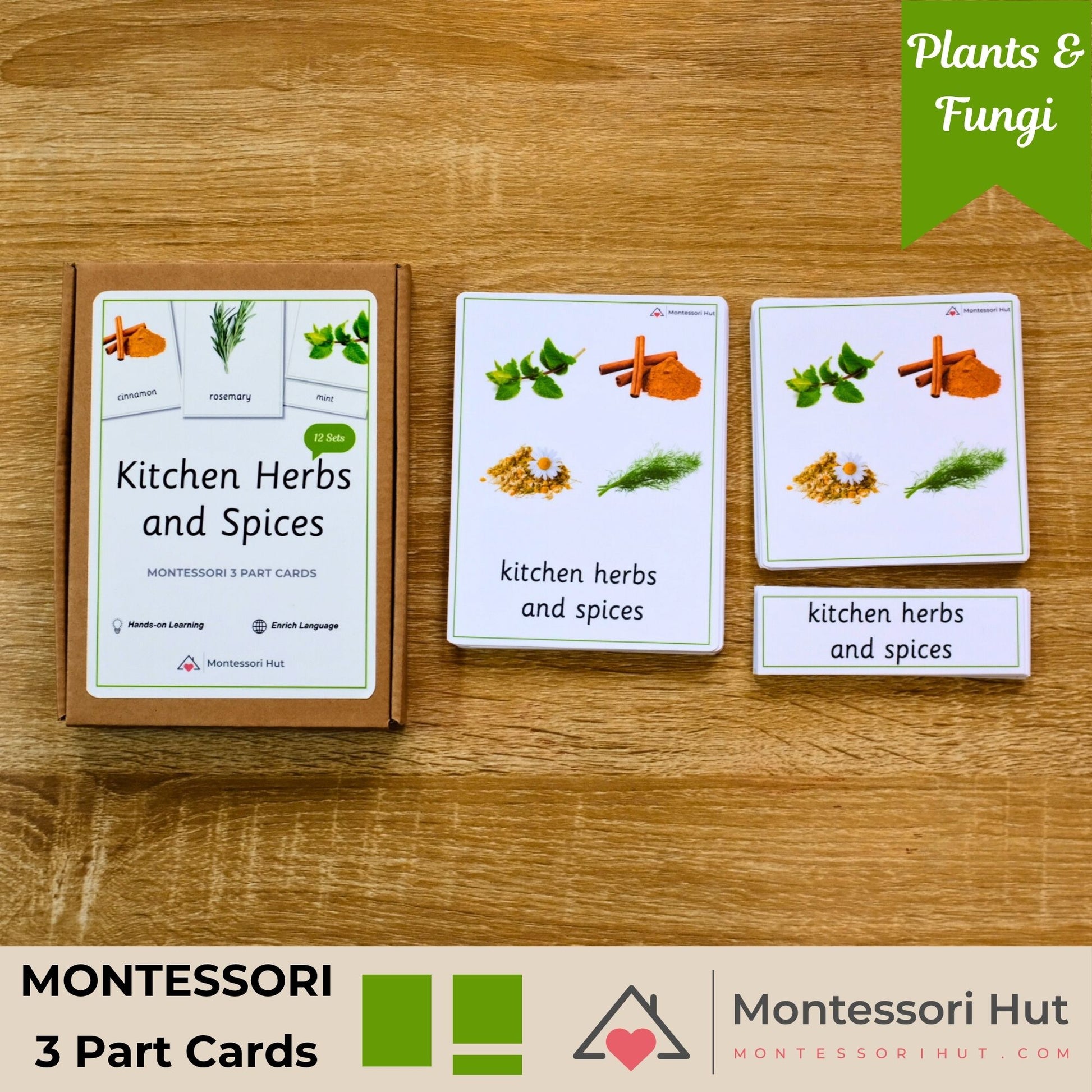 Montessori 3 Part Cards for kitchen herbs and spices on a wooden surface with Montessori Hut branding.
