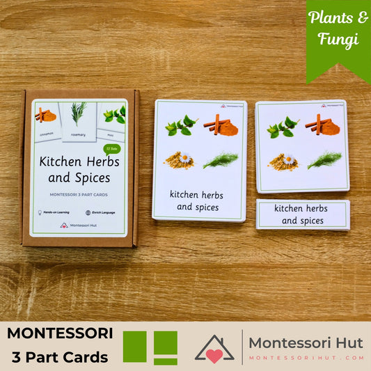 Montessori 3 Part Cards for kitchen herbs and spices on a wooden surface with Montessori Hut branding.