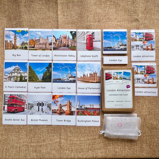 12 London Attractions Montessori 3 Part Cards - Educational Language Activity for Families, Montessori and Homeschools