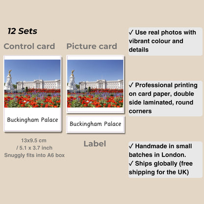 12 London Attractions Montessori 3 Part Cards - Handmade Premium Quality Educational Language Activity for Families, Montessori and Homeschools
