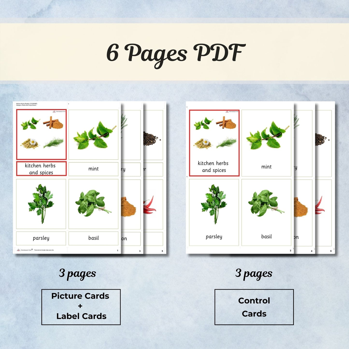 Kitchen Herbs and Spices Montessori 3 Part Cards with Fact Cards | Digital Download | Printable