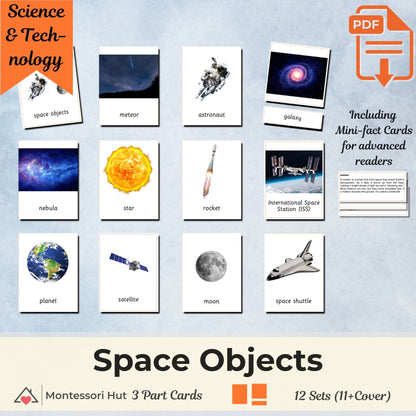 Space Objects Montessori 3 Part Cards with Fact Cards | Digital Download | Printable