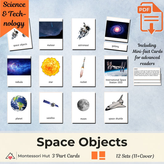 Space Objects Montessori 3 Part Cards with Fact Cards | Digital Download | Printable