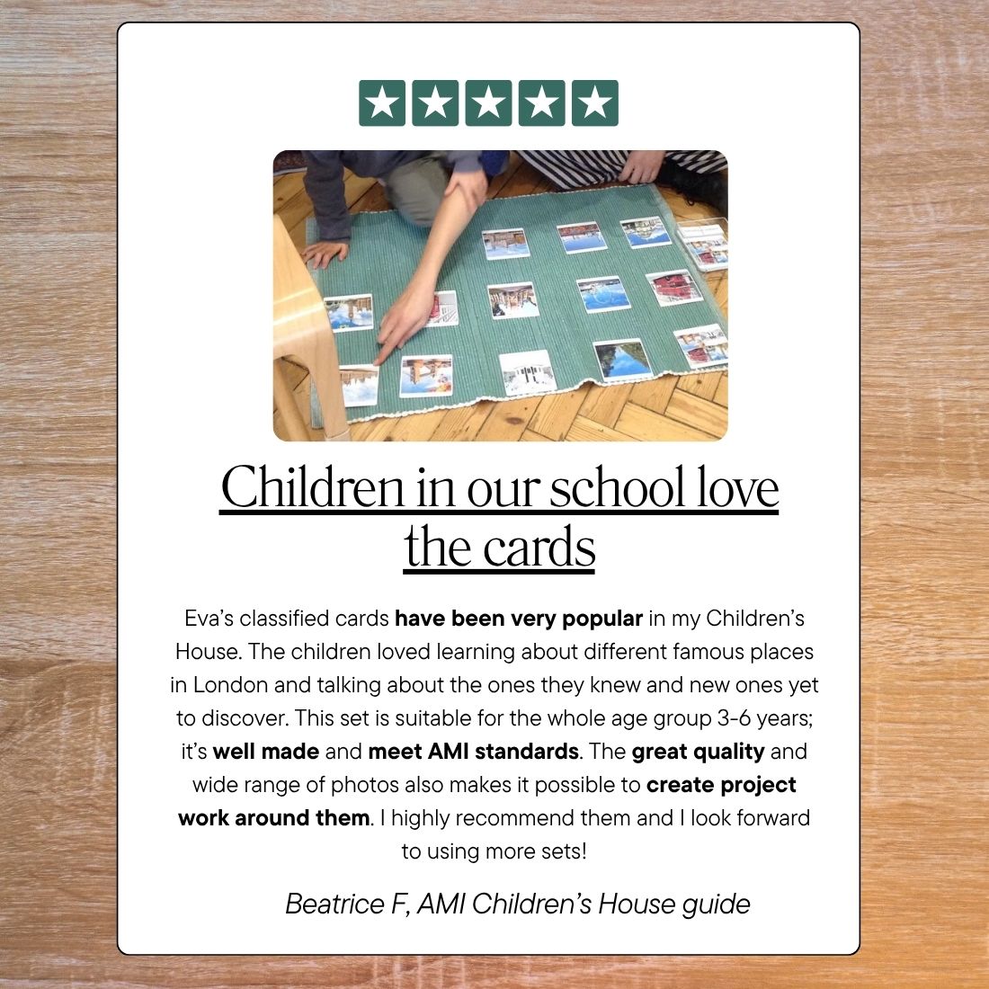 Product card with children playing with cards on a table, featuring a five-star rating and customer review.