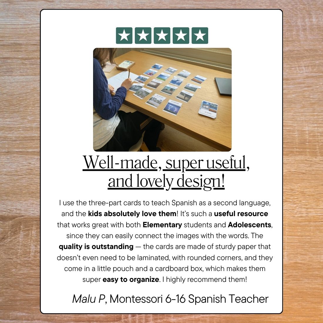 Product review card with a photo of a person using educational cards, text rating the product, and a five-star rating.