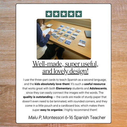Product review card with a photo of a person using educational cards, text rating the product, and a five-star rating.