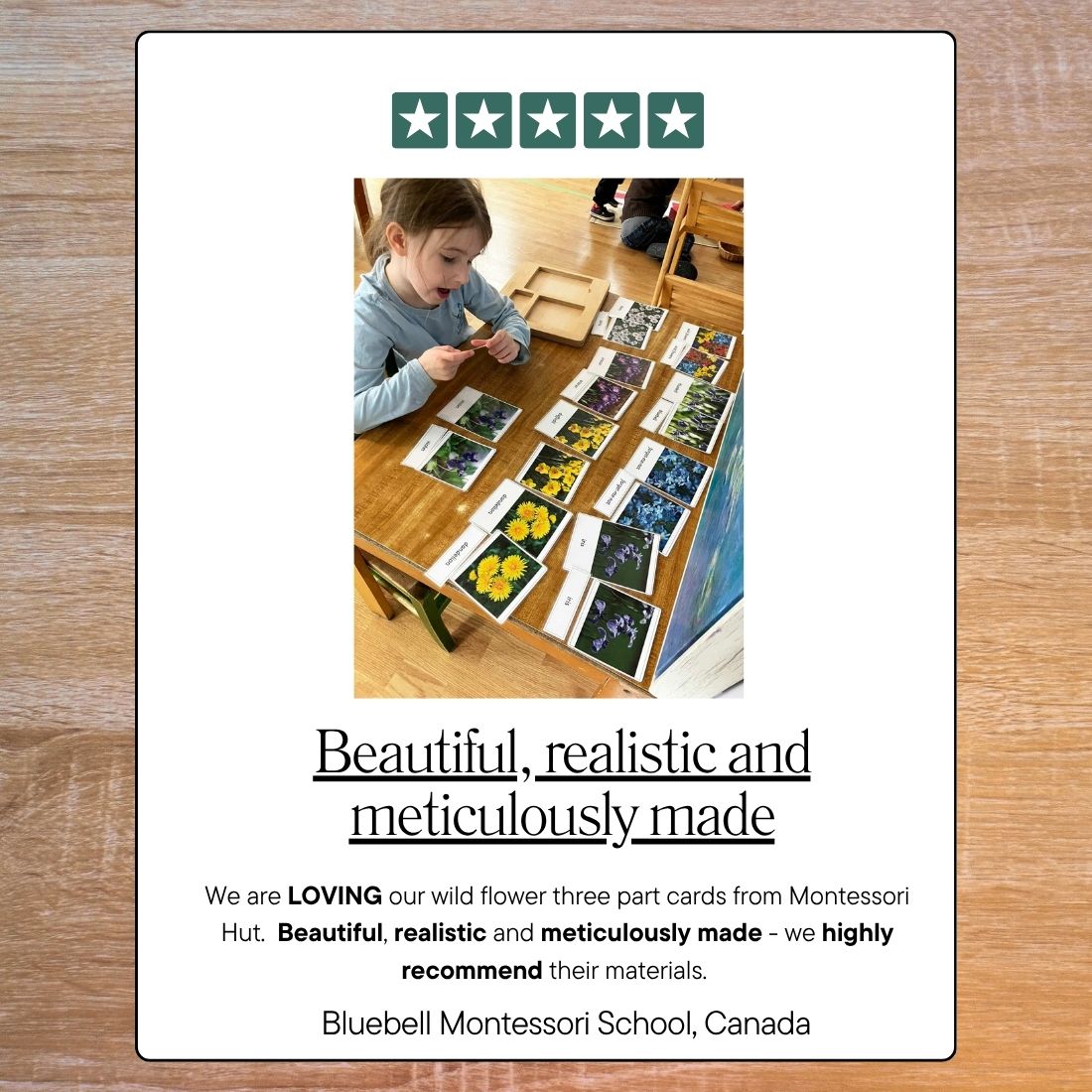 Child working with educational materials on a table, with a five-star rating and review text overlay.