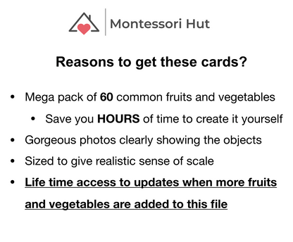 Montessori 3 Part Cards - Mega Pack 60 Common Fruits and Vegetables -  Nomenclature Cards, Classified Cards - DIGITAL DOWNLOAD