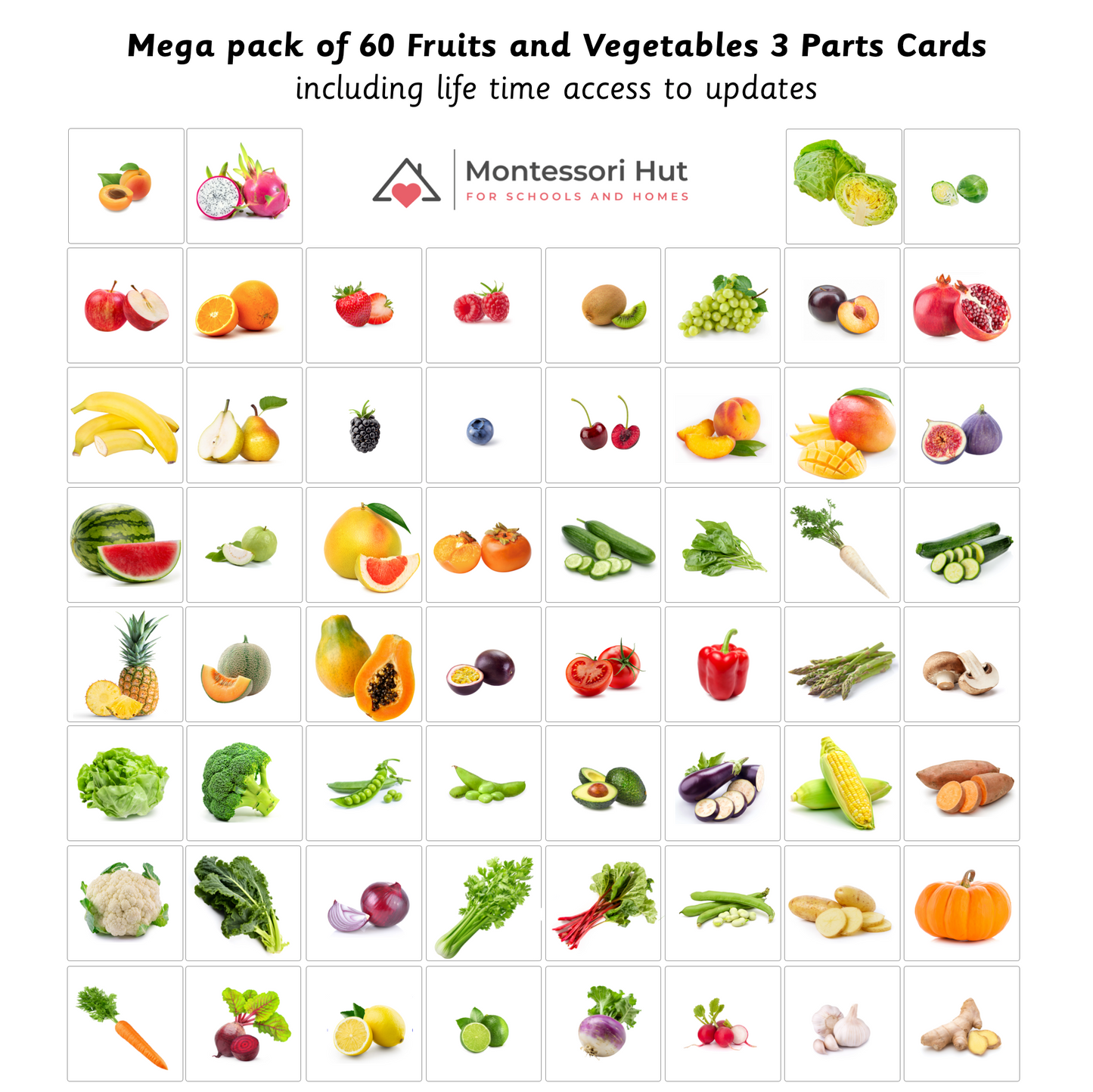 Montessori 3 Part Cards - Mega Pack 60 Common Fruits and Vegetables -  Nomenclature Cards, Classified Cards - DIGITAL DOWNLOAD with LIFE TIME ACCESS