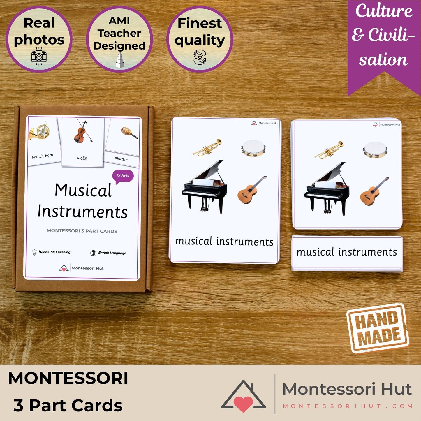 Musical Instruments - Instruments Only - Handmade Premium Montessori 3 Part Cards - 12 Sets