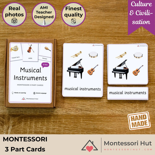 Musical Instruments - Instruments Only - Handmade Premium Montessori 3 Part Cards - 12 Sets