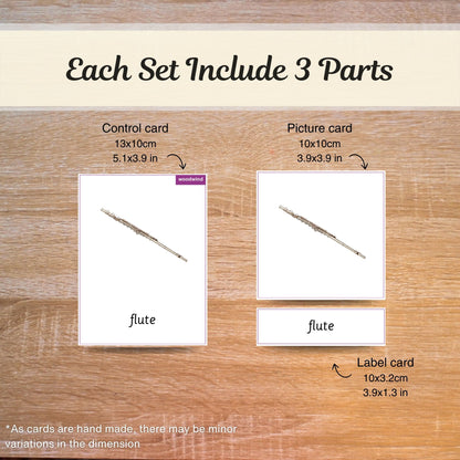 Musical Instruments - Instruments Only - Handmade Premium Montessori 3 Part Cards - 12 Sets