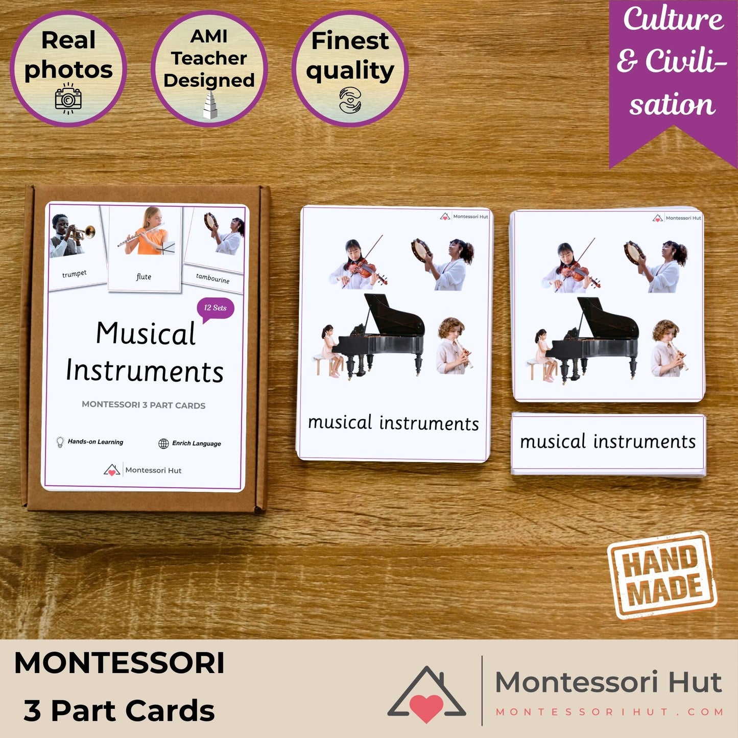 Musical Instruments Handmade Premium Montessori 3 Part Cards - Real Photos - 12 Sets