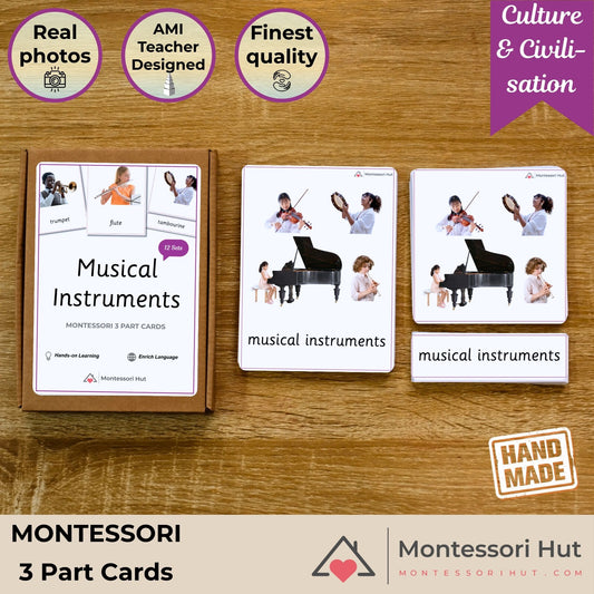 Musical Instruments Handmade Premium Montessori 3 Part Cards - Real Photos - 12 Sets