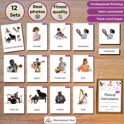 Musical Instruments Handmade Premium Montessori 3 Part Cards - Real Photos - 12 Sets