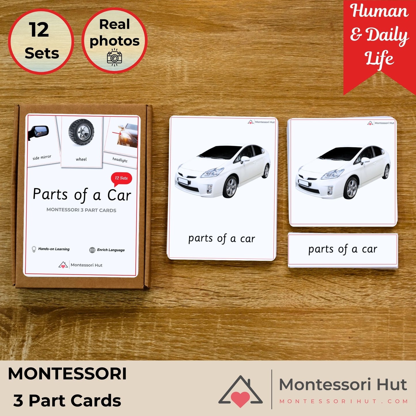 Parts of a Car Handmade Premium Montessori 3 Part Cards in A6 Cardboard Box