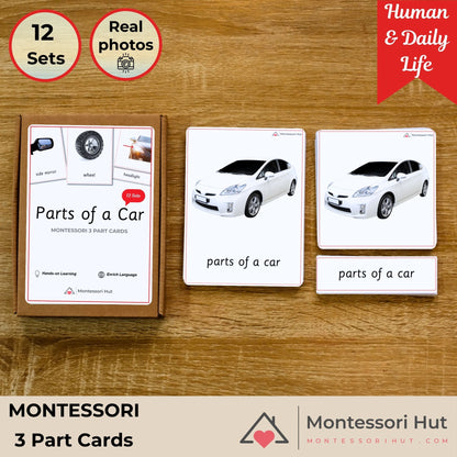 Parts of a Car Handmade Premium Montessori 3 Part Cards in A6 Cardboard Box