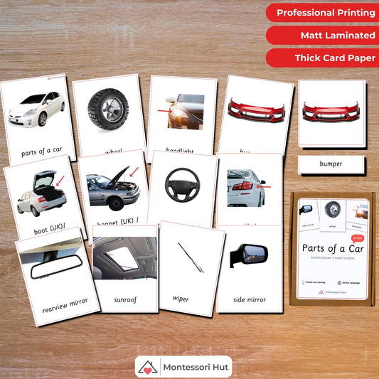 Parts of a Car Handmade Premium Montessori 3 Part Cards in A6 Cardboard Box