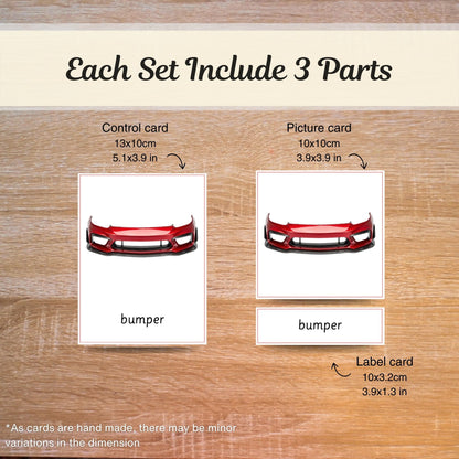 Parts of a Car Handmade Premium Montessori 3 Part Cards in A6 Cardboard Box