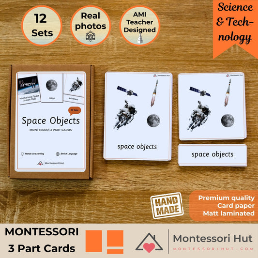 Space Objects Montessori 3 Part Cards - Handmade Premium Quality - Card Paper Matt Laminated - Educational Vocabulary Cards - 12 Sets