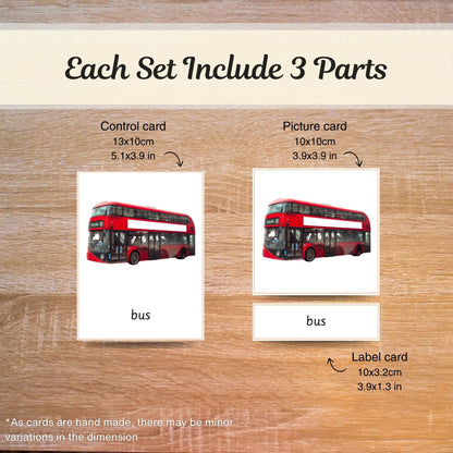 Transportation Vehicles Montessori 3 Part Cards - Handmade Premium Quality - Card Paper Matt Laminated - Educational Vocabulary Cards - 12 Sets
