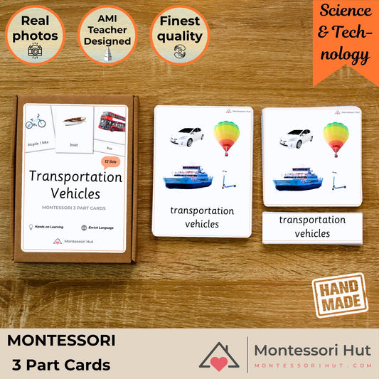 Transportation Vehicles Montessori 3 Part Cards - Handmade Premium Quality - Card Paper Matt Laminated - Educational Vocabulary Cards - 12 Sets