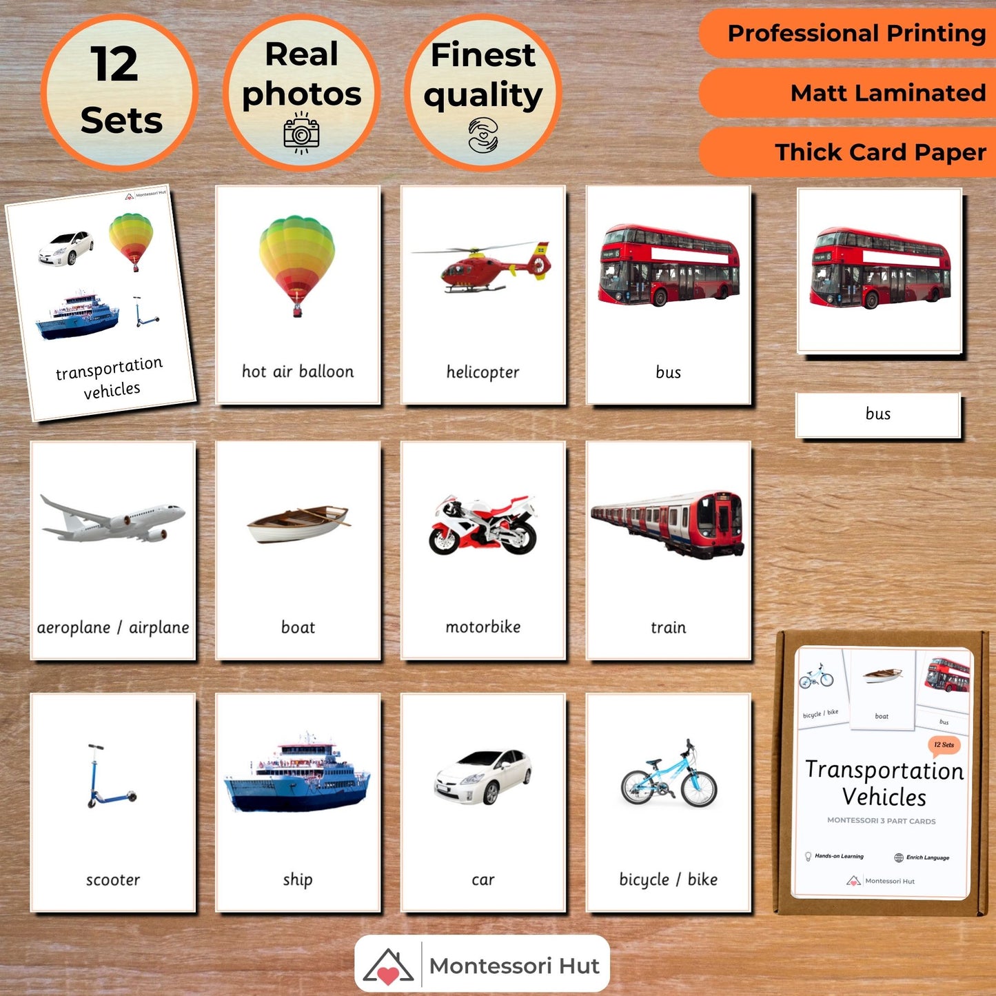 Transportation Vehicles Montessori 3 Part Cards - Handmade Premium Quality - Card Paper Matt Laminated - Educational Vocabulary Cards - 12 Sets