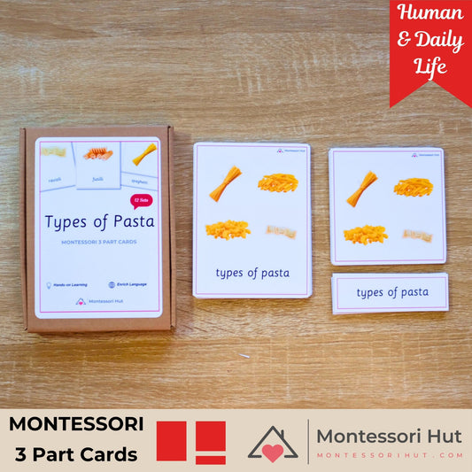 Montessori 3 Part Cards for types of pasta on a wooden surface with Montessori Hut branding.