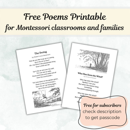 Two printable poems for Montessori classrooms and families on a light background